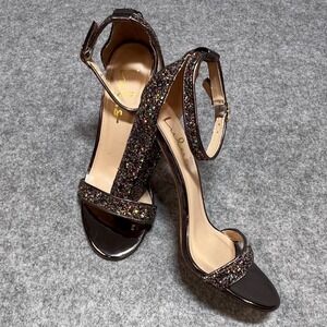 Lulus Multi Glitter 4" Block Heel Sandals Bronze Metallic Ankle Strap Womens 7.5
